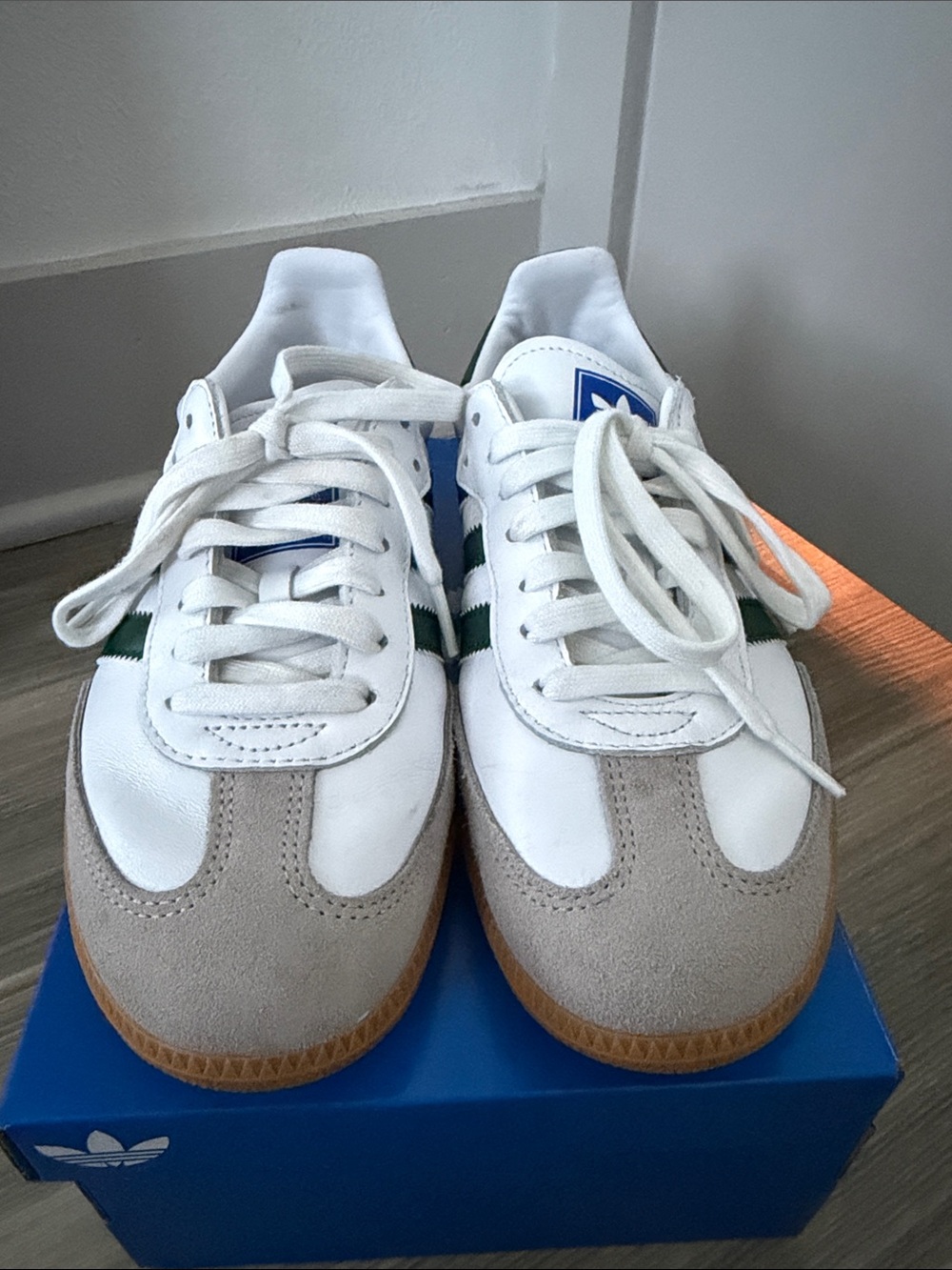 adidas White and Green Samba Sneakers with Gum Sole - Picture 2 of 8